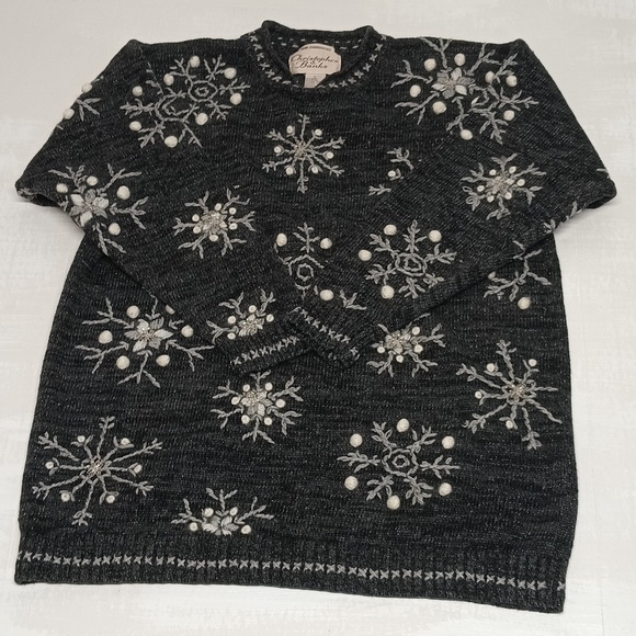 Christopher & Banks Sweaters - VTG Christopher & Banks Hand Embroidered Knit sweater grey & silver snowflake L